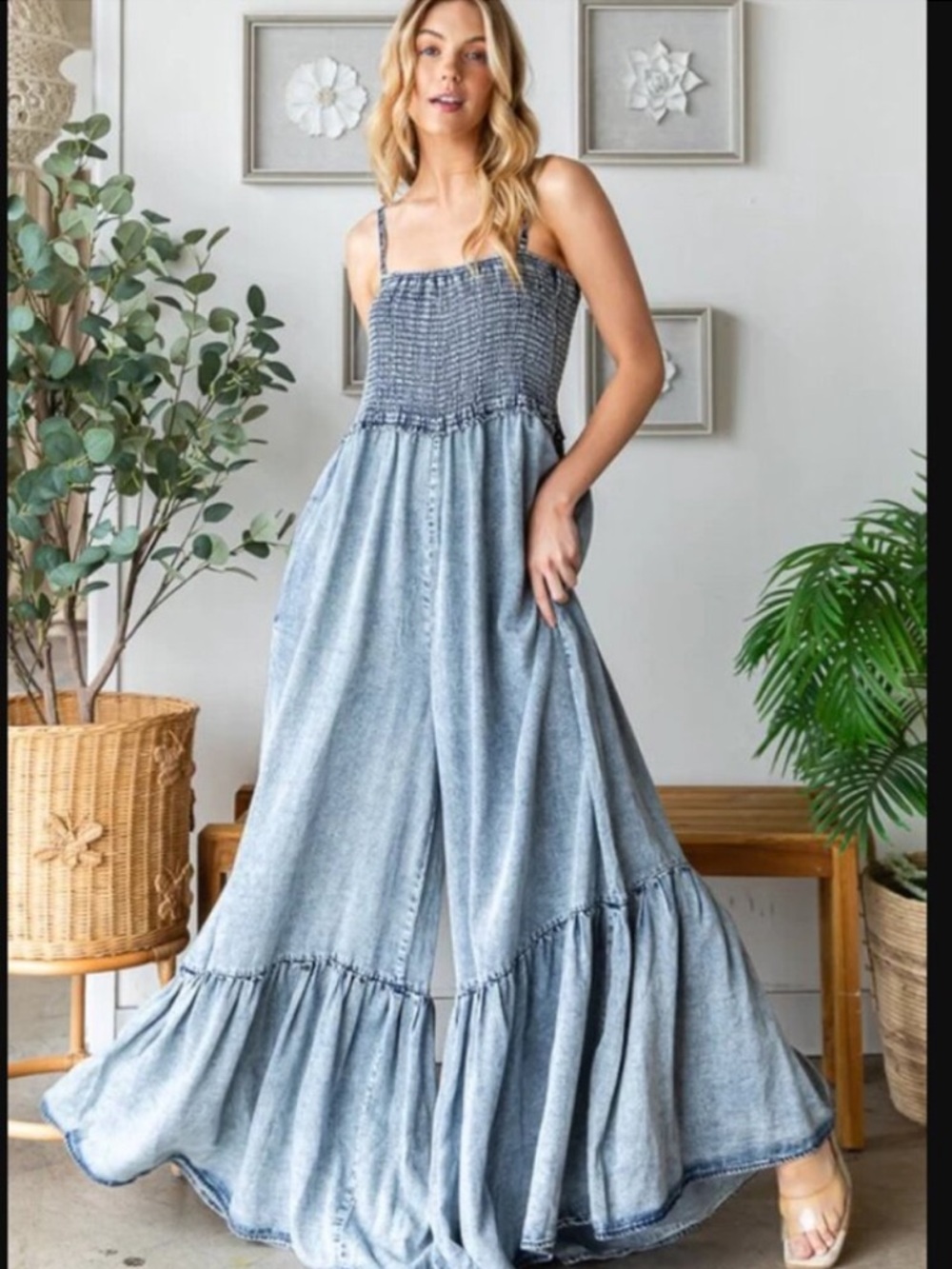 NWT-Boutique Smocked Top Denim Jumpsuit